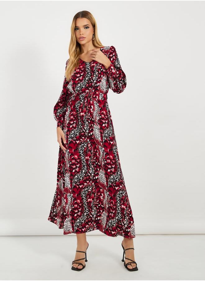 Styli - All-Over Print Long Sleeves A-Line Maxi Dress - Image 1