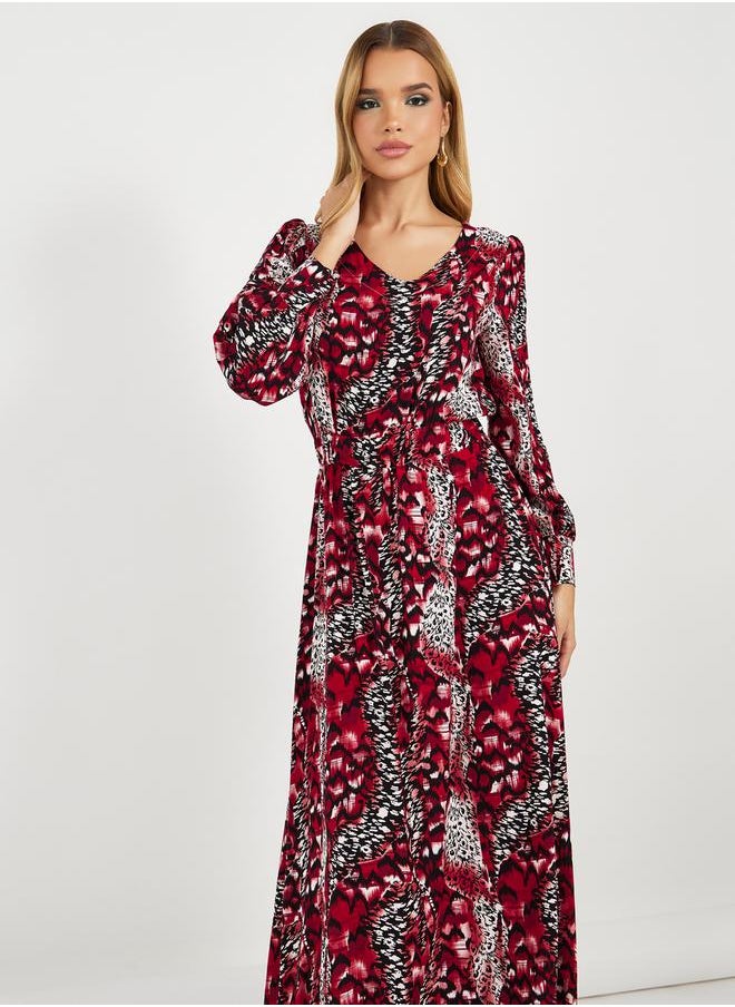 Styli - All-Over Print Long Sleeves A-Line Maxi Dress - Image 1