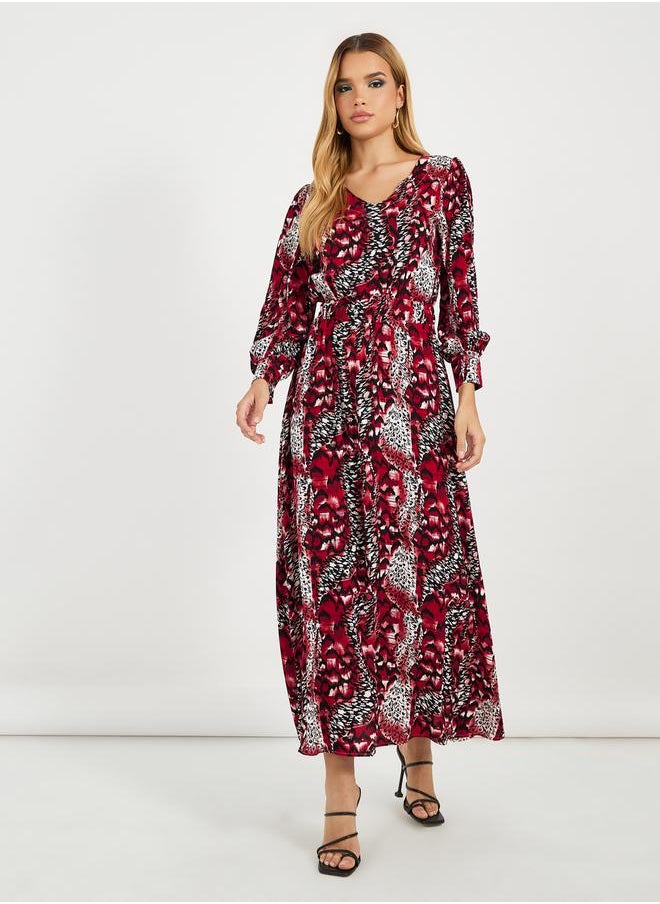 Styli - All-Over Print Long Sleeves A-Line Maxi Dress - Image 1