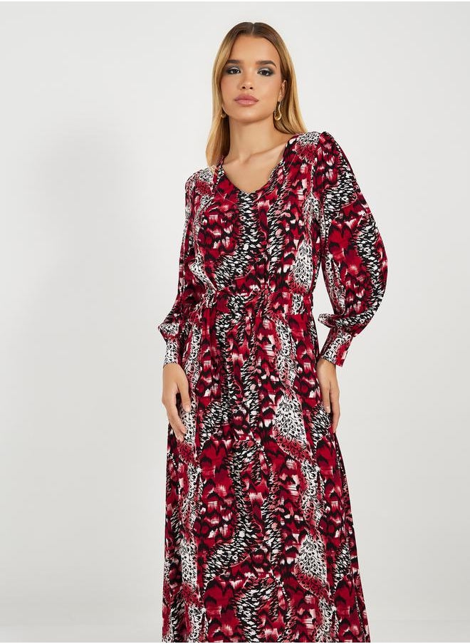 Styli - All-Over Print Long Sleeves A-Line Maxi Dress - Image 1