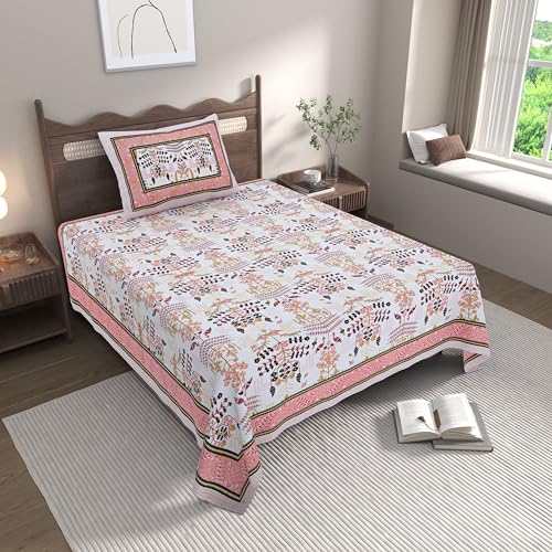 EasyGoods® Cotton Bedsheet for Single Bedsheet with 1 Pillow Cover 60x90 Inch, Handcrafted Bed Sheets (Peach-2) - Image 1