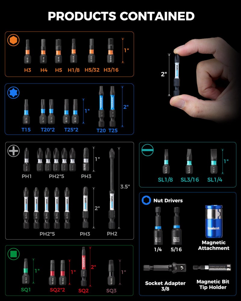 toolant 40-Piece Impact Driver Bit Set (S2 Steel), SAE/Metric Hex & Torx Bits for Furniture Assembly, Magnetic Tips with Color-Coded Ring, Heavy-Duty Storage Case for Home & Auto Repair - Image 4