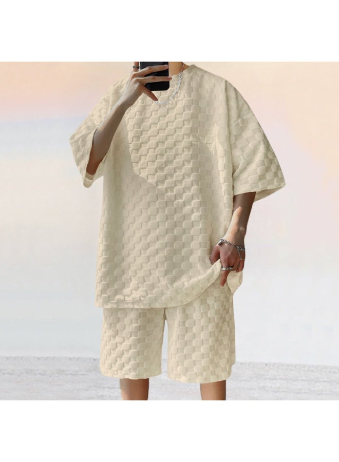 طقم فضفاض غير رسمي للرجال بنمط مربعات من قطعتين ربيع صيف موضة رياضية عصرية للذكور - Image 1