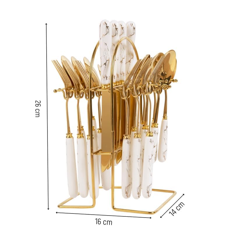 MGeezz Stainless Steel Spoons Forks Knives Set of 24 with Stand and Ceramic Handle Abstract Golden - Image 2