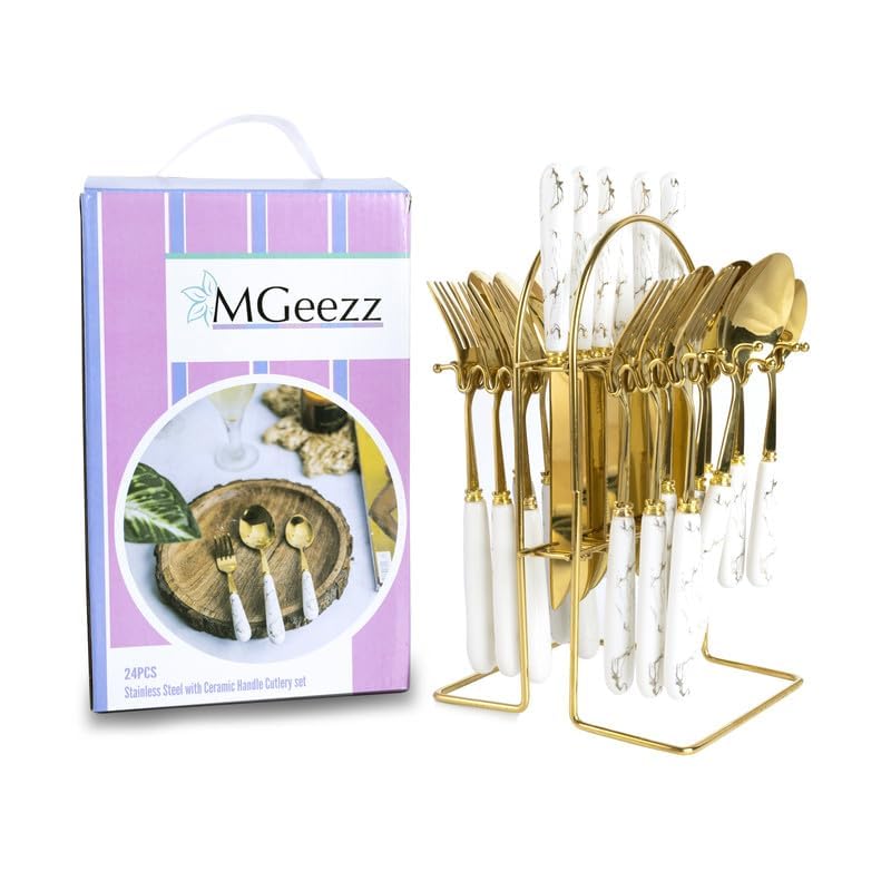 MGeezz Stainless Steel Spoons Forks Knives Set of 24 with Stand and Ceramic Handle Abstract Golden - Image 3