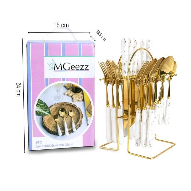 MGeezz Stainless Steel Spoons Forks Knives Set of 24 with Stand and Ceramic Handle Abstract Golden - Image 4