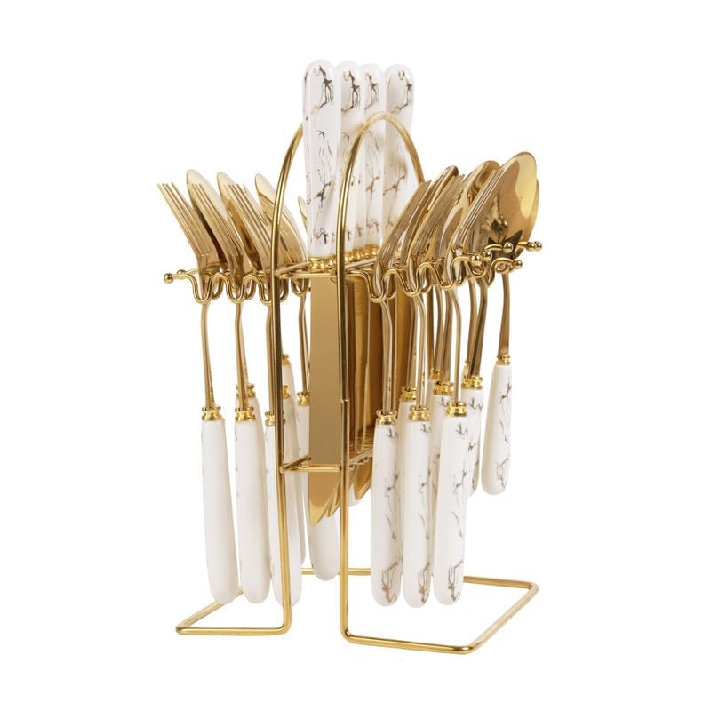 MGeezz Stainless Steel Spoons Forks Knives Set of 24 with Stand and Ceramic Handle Abstract Golden - Image 1