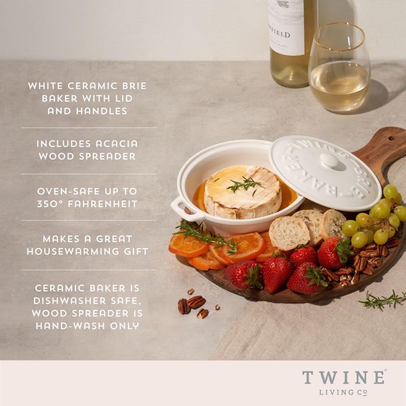 Twine Ceramic Brie Baker with Acacia Wood Spreader, Brie Baking Dish with Lid, Brie Cheese Baking Dish, Ceramic Bakeware, White, Set of 1 - Image 2
