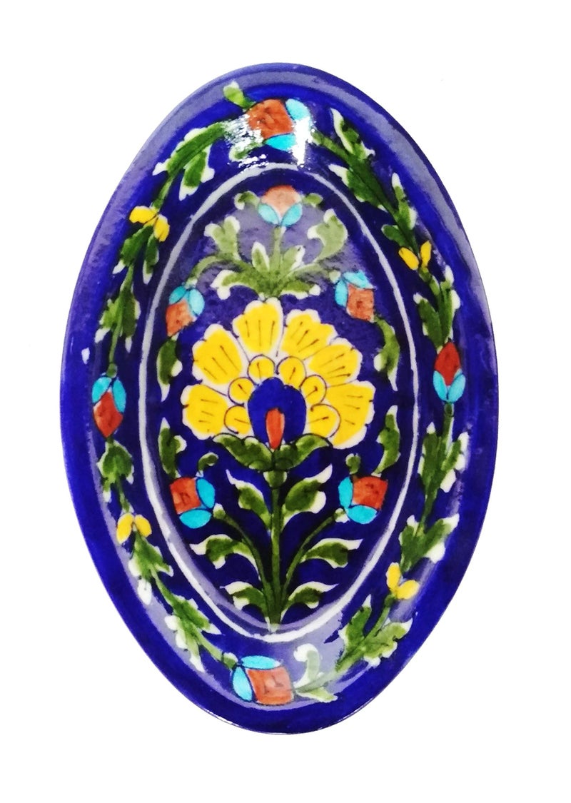 Shiv Kripa Blue Pottery Art Decorative Hand Painted Ceramic Oval Tray (19cm x 12.5cm x 3cm) - Image 1