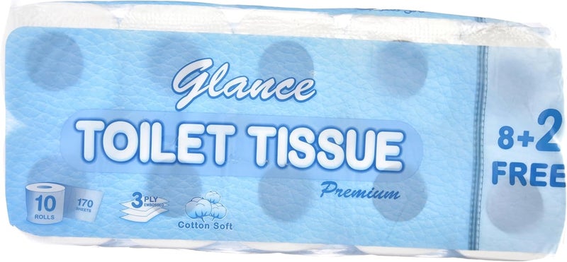 Glance Toilet Tissues, 170 Sheets x 3 Ply, Pack of 10 Rolls (8 + 2 Free Rolls) - Image 2