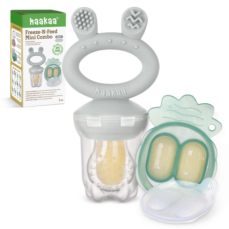 Haakaa Baby Fruit Food Feeder & Mini Freezer Nibble Tray Combo, Breastmilk Popsicle Molds for Baby Cooling Relief, BPA Free Silicone Feeder for Safe Infant Self Feeding, 4 Month+ (Slate Grey) - Image 1