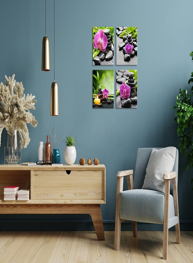 NAN Wind Modern 4 Piece Massage Stones Zen Pink Orchid Flower Plants Candles Canvas Wall Art Spa Still Life Modern Home Decor Ready to Hang Painting for Living Room Decoration Stretched and Framed - Image 5