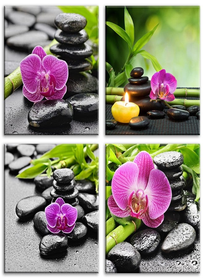 NAN Wind Modern 4 Piece Massage Stones Zen Pink Orchid Flower Plants Candles Canvas Wall Art Spa Still Life Modern Home Decor Ready to Hang Painting for Living Room Decoration Stretched and Framed - Image 1