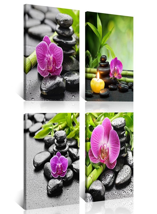 NAN Wind Modern 4 Piece Massage Stones Zen Pink Orchid Flower Plants Candles Canvas Wall Art Spa Still Life Modern Home Decor Ready to Hang Painting for Living Room Decoration Stretched and Framed - Image 2