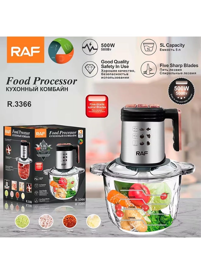 RAF Electric Multifunction Food Processor 5L 500W Meat Grinder Vegetable Chopper With Five Sharp Spiral Blades Efficient kitchen tool for chopping vegetables, grinding meat, and preparing sauces. Powerful motor with large capacity bowl saves preparation time. Easy to operate, simple to clean, and ideal for daily cooking needs. - Image 1