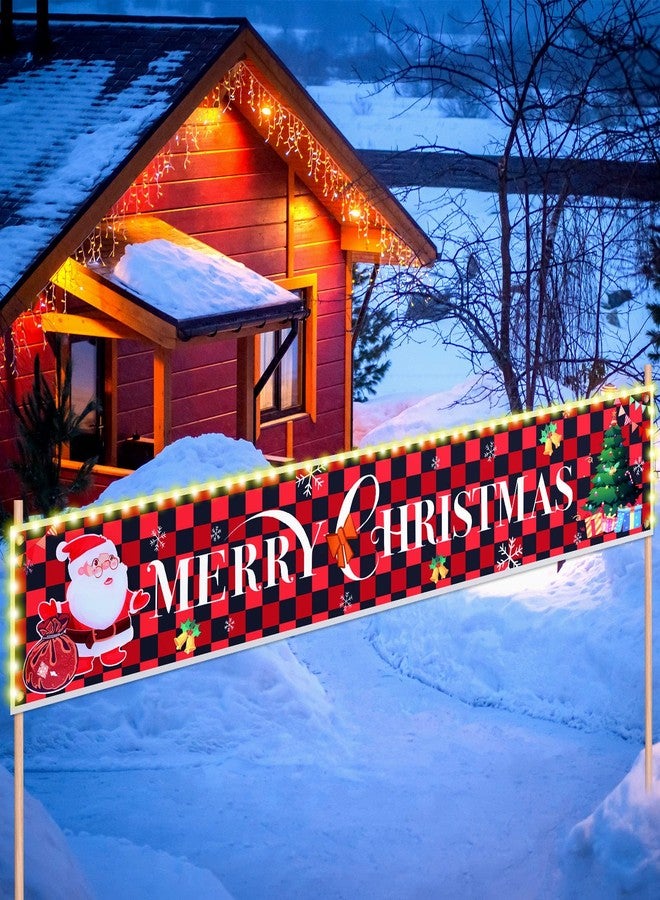 Kingdder Christmas Decorations Banner with Lights LED Merry Christmas Lighted Sign Outdoor Plaid Wall Hanging Banner Yard Sign Fence Decoration for Xmas Outside Holiday Party Supply, 9 ft x 14 Inch - Image 1
