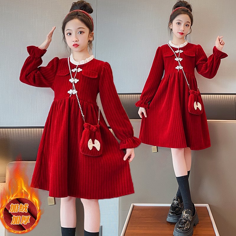 Girl'S Dress Red Winter Chinese Style Girl'S Big Boy'S Princess Dress Fleece-Lined Thickened Dress New Year Clothes - Image 2