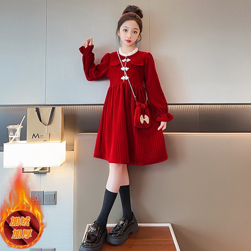 Girl'S Dress Red Winter Chinese Style Girl'S Big Boy'S Princess Dress Fleece-Lined Thickened Dress New Year Clothes - Image 4