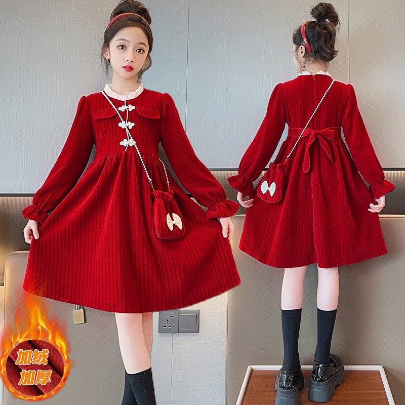 Girl'S Dress Red Winter Chinese Style Girl'S Big Boy'S Princess Dress Fleece-Lined Thickened Dress New Year Clothes - Image 3