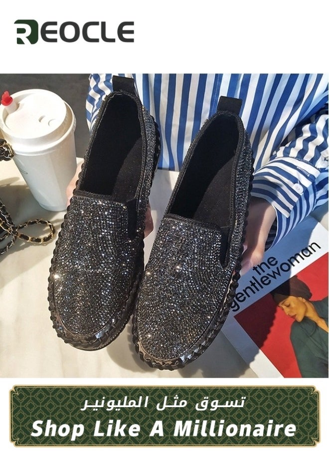 REOCLE - Women's Rhinestone Platform Loafers Glitter Fashion Slip-On Sparkle Bling Sequin Sneakers Casual Flat Comfort Sneaker - Image 1