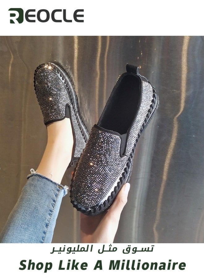 REOCLE - Women's Rhinestone Platform Loafers Glitter Fashion Slip-On Sparkle Bling Sequin Sneakers Casual Flat Comfort Sneaker - Image 1