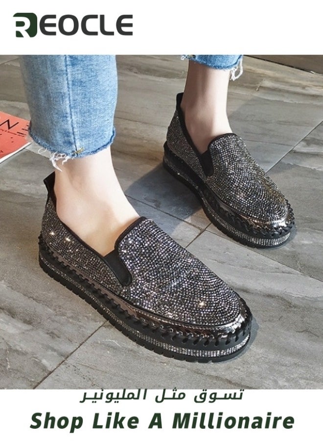 REOCLE - Women's Rhinestone Platform Loafers Glitter Fashion Slip-On Sparkle Bling Sequin Sneakers Casual Flat Comfort Sneaker - Image 1