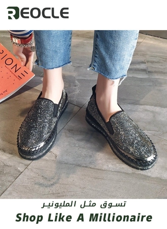 REOCLE - Women's Rhinestone Platform Loafers Glitter Fashion Slip-On Sparkle Bling Sequin Sneakers Casual Flat Comfort Sneaker - Image 1