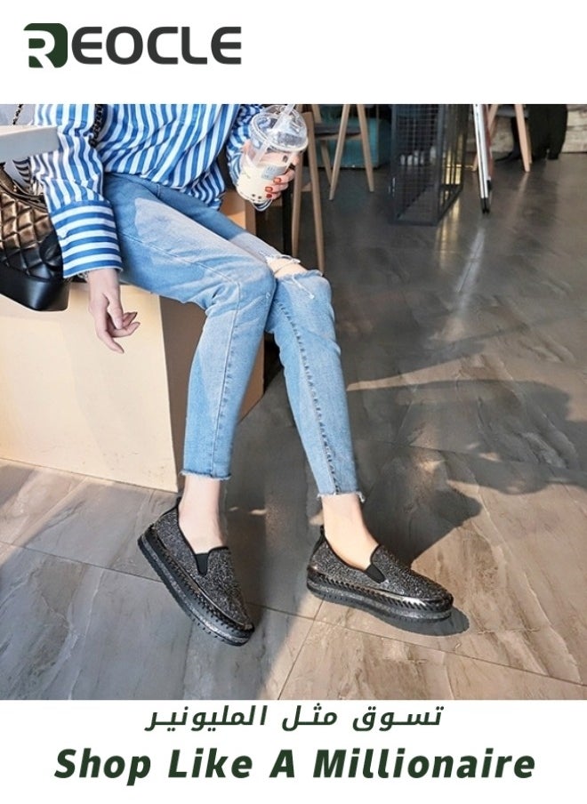 REOCLE - Women's Rhinestone Platform Loafers Glitter Fashion Slip-On Sparkle Bling Sequin Sneakers Casual Flat Comfort Sneaker - Image 1