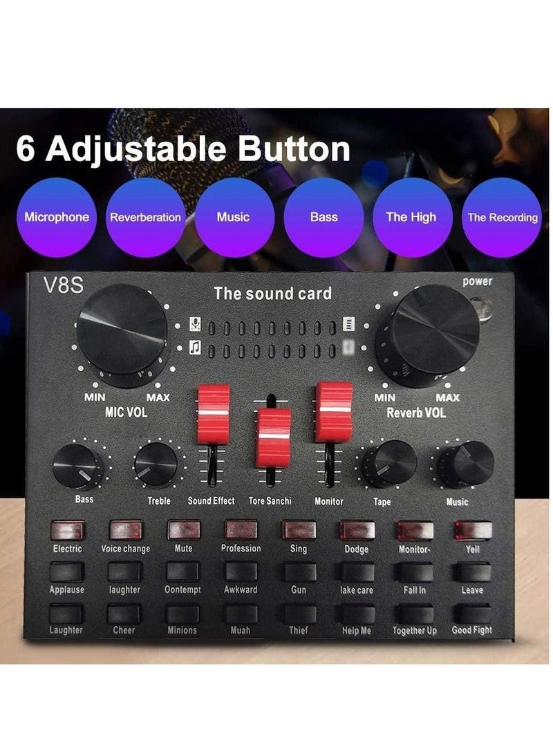 V8S Live Sound Card Bluetooth Sound Mixer Board 3.5mm Audio Interface Live Sound Card with 16 Sound Effects 6 Connecting Methods Dual DSP Noise Reduction Chip For Live Streaming Recording Game PC - Image 1