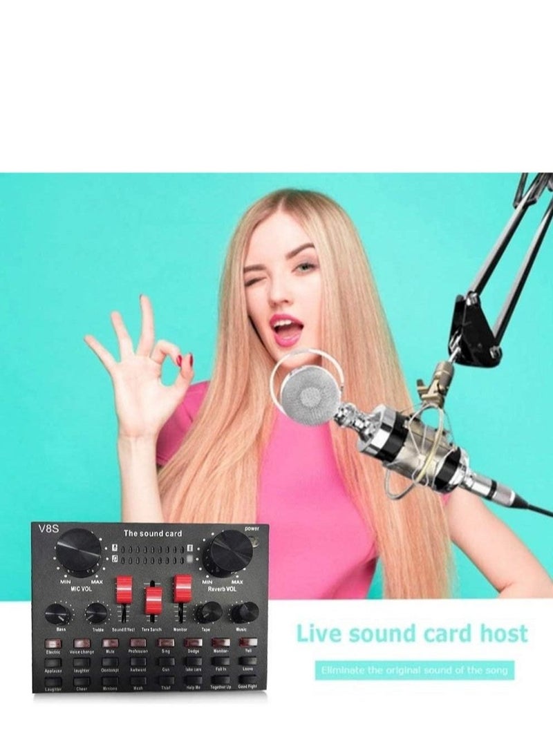 V8S Live Sound Card Bluetooth Sound Mixer Board 3.5mm Audio Interface Live Sound Card with 16 Sound Effects 6 Connecting Methods Dual DSP Noise Reduction Chip For Live Streaming Recording Game PC - Image 2