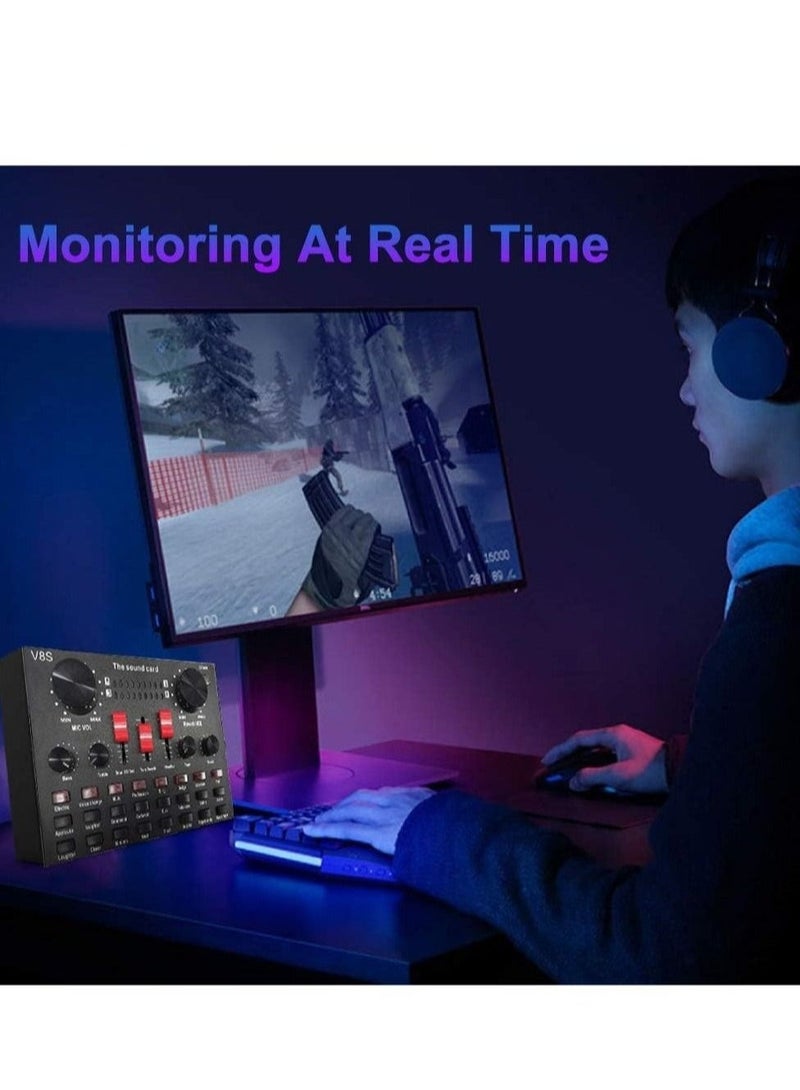 V8S Live Sound Card Bluetooth Sound Mixer Board 3.5mm Audio Interface Live Sound Card with 16 Sound Effects 6 Connecting Methods Dual DSP Noise Reduction Chip For Live Streaming Recording Game PC - Image 3