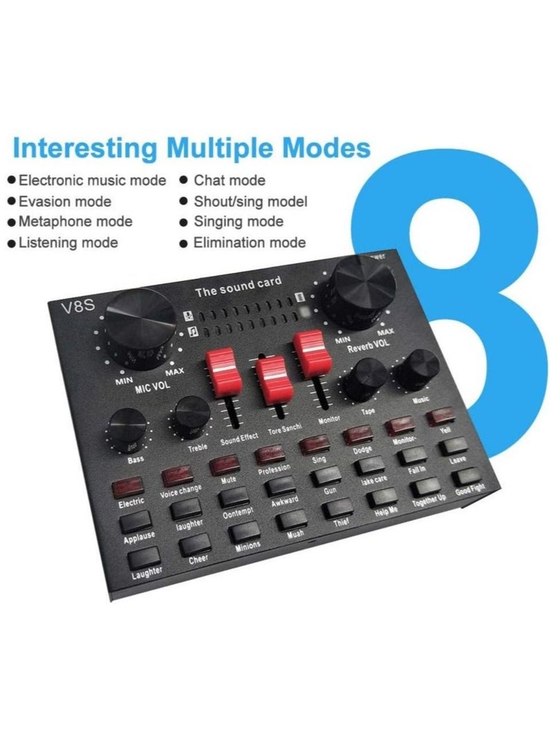 V8S Live Sound Card Bluetooth Sound Mixer Board 3.5mm Audio Interface Live Sound Card with 16 Sound Effects 6 Connecting Methods Dual DSP Noise Reduction Chip For Live Streaming Recording Game PC - Image 4
