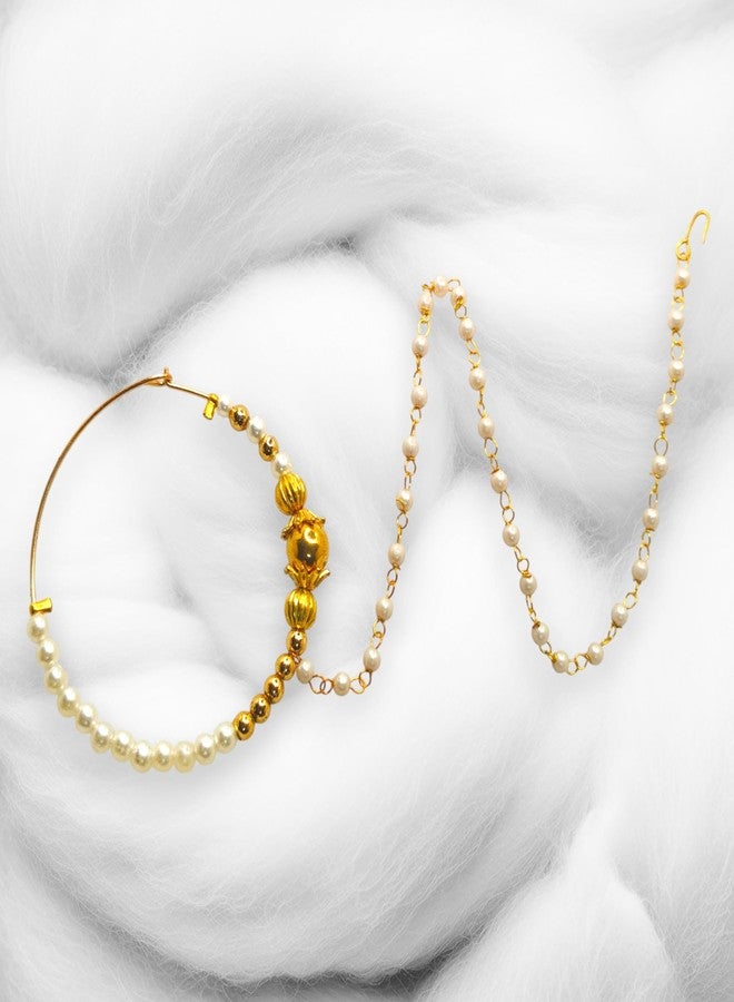 SUN SHINE Traditional Gold Pearl Nose Ring, Nath Style Bridal Jewelry with Chain - Image 5
