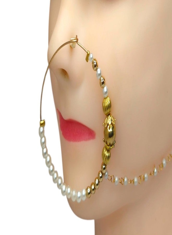 SUN SHINE Traditional Gold Pearl Nose Ring, Nath Style Bridal Jewelry with Chain - Image 3