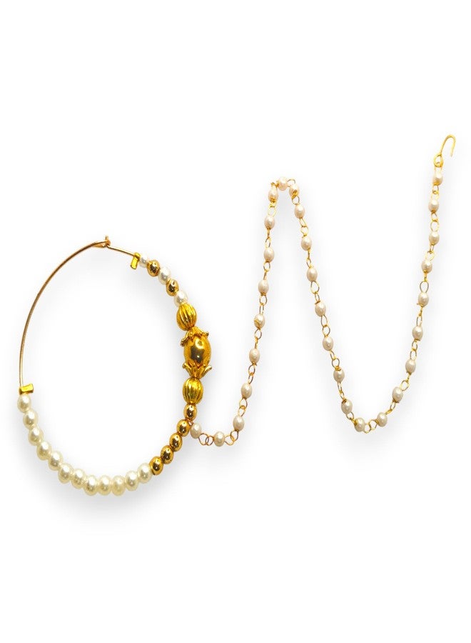 SUN SHINE Traditional Gold Pearl Nose Ring, Nath Style Bridal Jewelry with Chain - Image 1