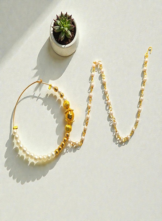 SUN SHINE Traditional Gold Pearl Nose Ring, Nath Style Bridal Jewelry with Chain - Image 4