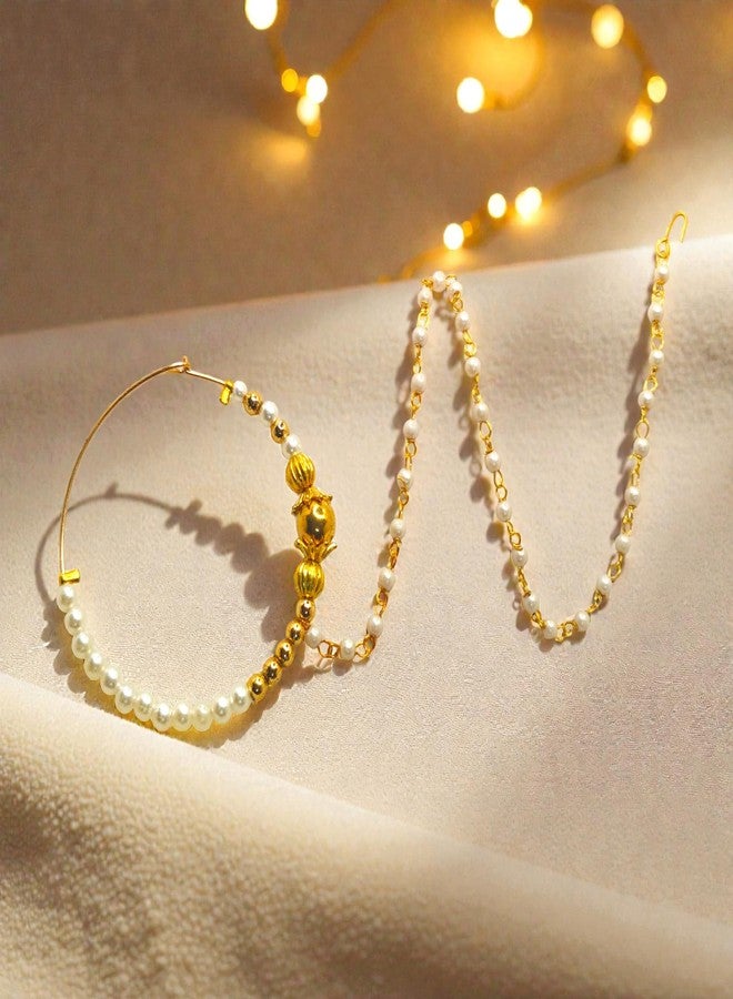 SUN SHINE Traditional Gold Pearl Nose Ring, Nath Style Bridal Jewelry with Chain - Image 2