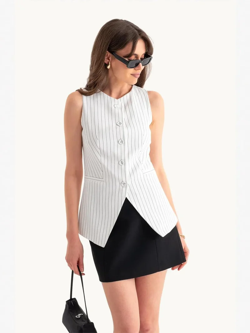 HICCUP Striped Round Neck Buttoned Waistcoat