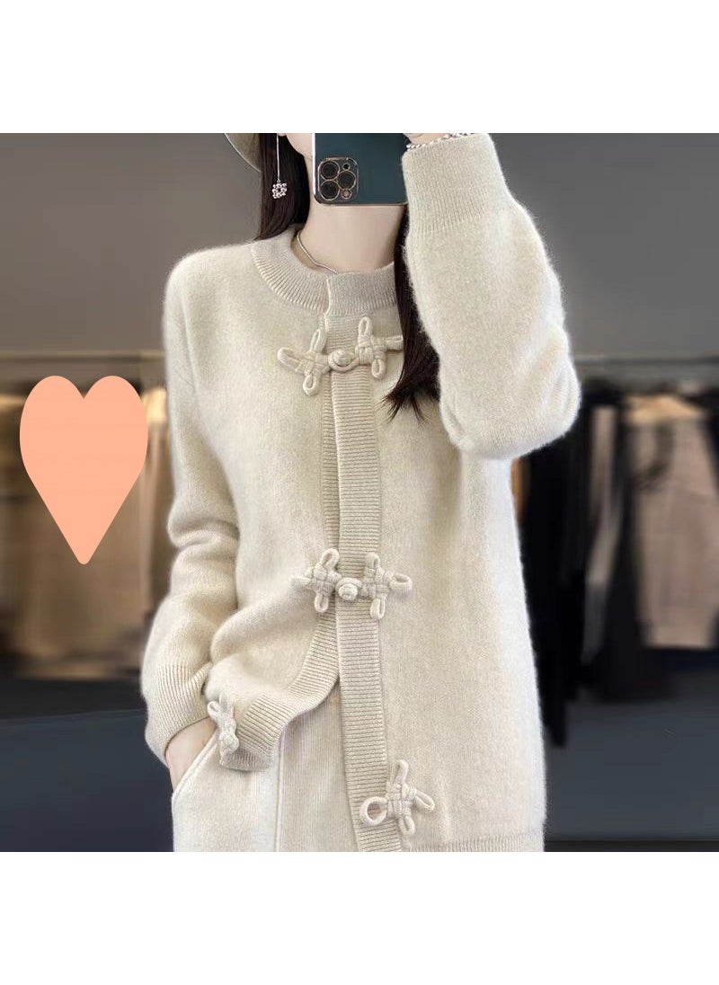 Generic - 2024 Womens Cardigan Round Neck Chinese Style Button Knit Wool Long Sleeve Loose Fit Sweater Jacket Thickened For Outerwear cream white - Image 1