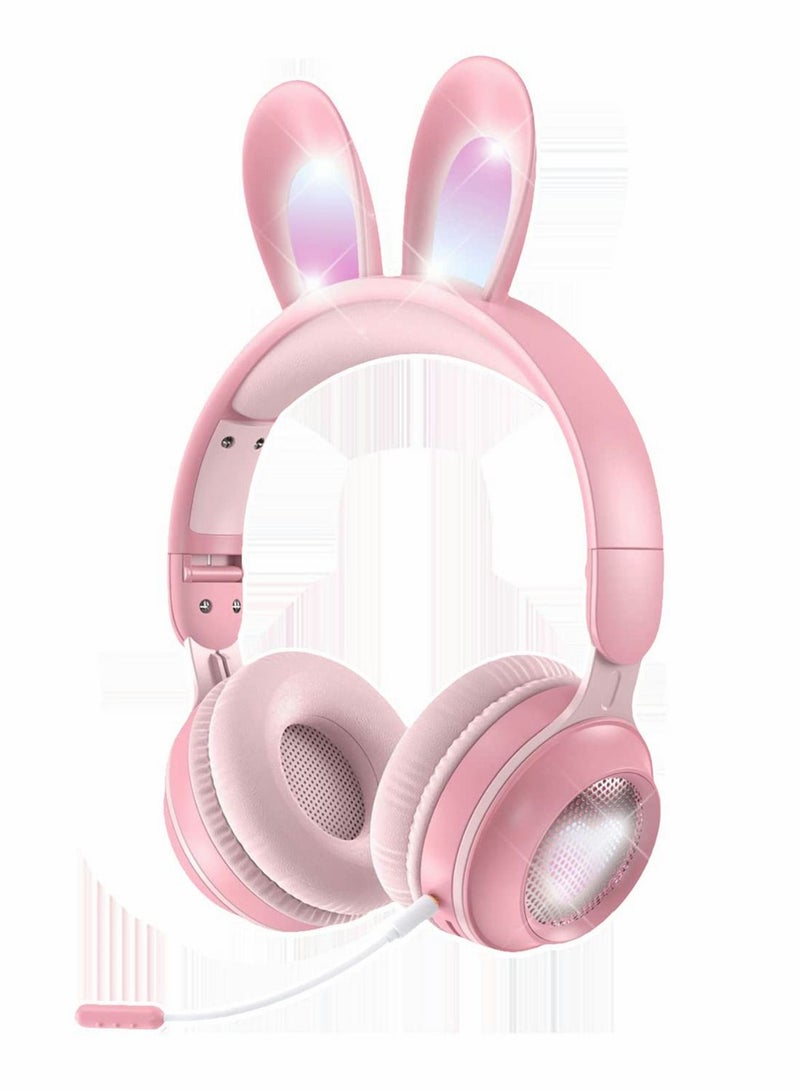Excefore Over Ear Headphone, Bluetooth Headphones for Kids, Wireless Foldable Kids Headset with LED Rabbit Ears Removeable Noise Cancelling Microphone Girls on School, Travel, Gaming (Pink) - Image 1