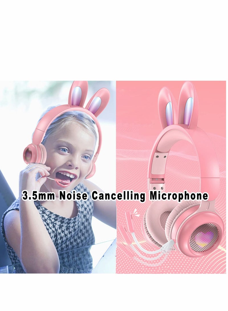 Excefore Over Ear Headphone, Bluetooth Headphones for Kids, Wireless Foldable Kids Headset with LED Rabbit Ears Removeable Noise Cancelling Microphone Girls on School, Travel, Gaming (Pink) - Image 2