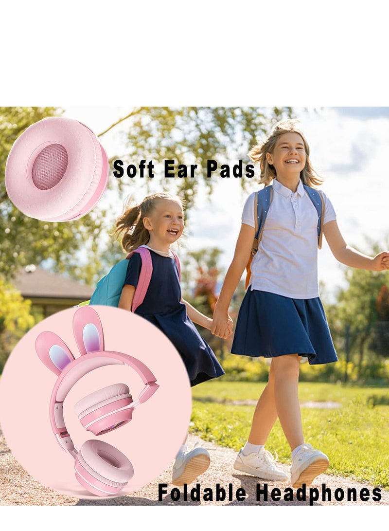 Excefore Over Ear Headphone, Bluetooth Headphones for Kids, Wireless Foldable Kids Headset with LED Rabbit Ears Removeable Noise Cancelling Microphone Girls on School, Travel, Gaming (Pink) - Image 3