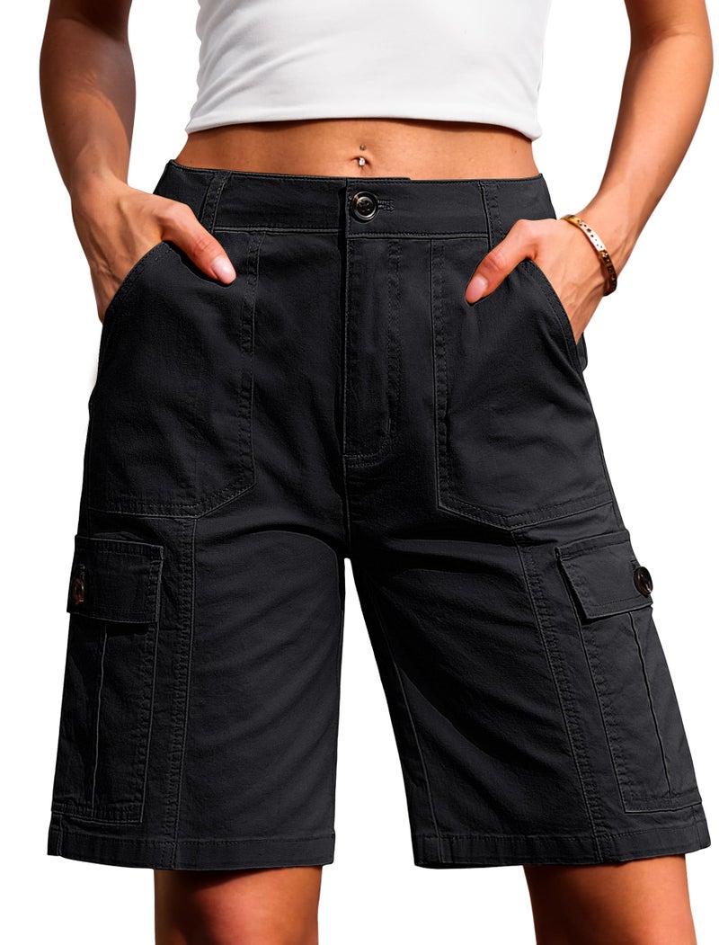 Eddoyee Bermuda Cargo Shorts for Women Casual Long Knee Length High Waisted Stretch Wide Leg Relaxed Fit(Black, X-Large) - Image 1
