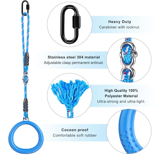 Dolibest Non-Slip Gymnastics Rings Kids Monkey Bars Swing Trapeze Bar with Adjustable Straps (41.7inch) Home Fitness Full Body Workout Ninja Warrior Obstacle Course Blue (2Pack - Image 3