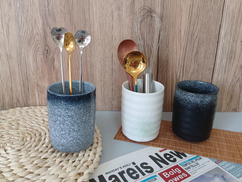 TOPYOKK Stoneware Coffee Bar Utensil Holder Tea & Coffee Spoon & Stirrer Holder for Stir Stick Straw Teaspoon Holder Spoon Cup Small Utensil Jar (Snow night) - Image 3