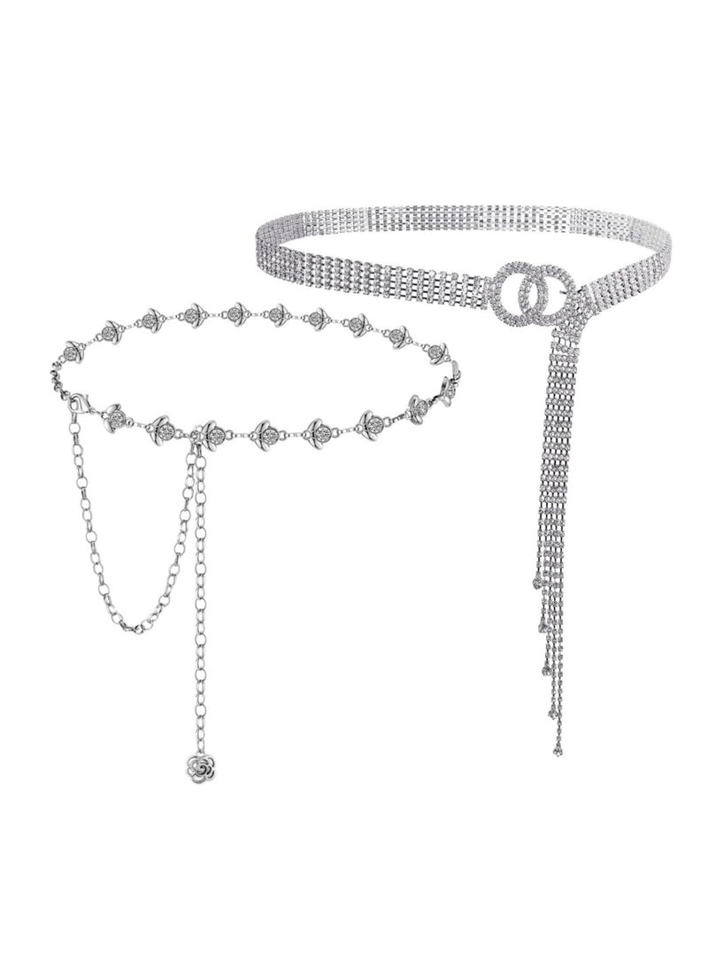 saykfoe [2 Pieces] Chain Belt for Women, Rhinestone Crystal Waist Belts - Metal Waist Chain Metal Belt, Women Girls Adjustable Body Link Belts Fashion Belly Jewelry for Jeans Dresses (Silver)  - Image 1