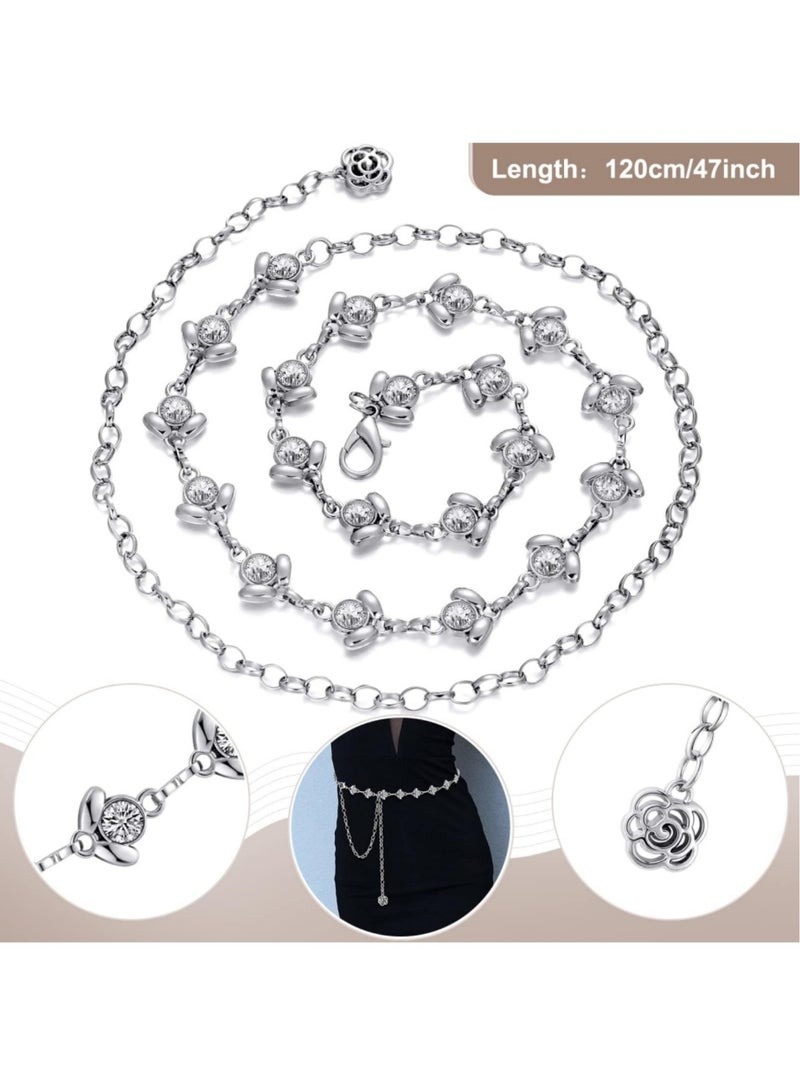 saykfoe [2 Pieces] Chain Belt for Women, Rhinestone Crystal Waist Belts - Metal Waist Chain Metal Belt, Women Girls Adjustable Body Link Belts Fashion Belly Jewelry for Jeans Dresses (Silver)  - Image 2