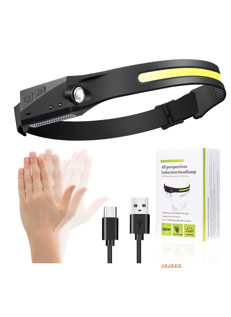 JAJEEK - LED Headlamp Rechargeable | Motion Sensor & Waterproof 350 Lumen Flashlight | 5 Modes & 230° Wide Beam for Running, Camping, and Outdoor Safety - Image 1