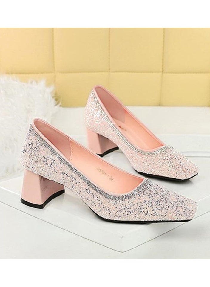 بيج تري المرأة لامعة شانكي منتصف الكعب مربع مغلق إصبع القدم مضخات لون وردي شاحب 5CM - Image 2