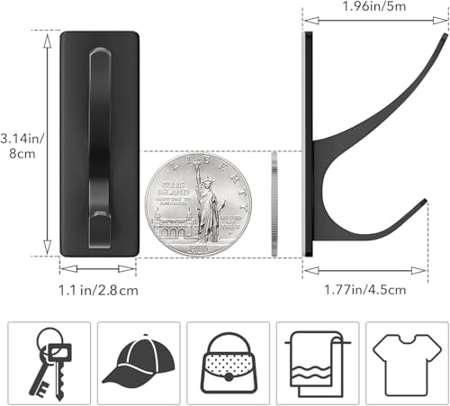 pickpiff Self Adhesive Coat Hooks for Hanging: Heavy Duty Stainless Wall Hook for Towel, Backpack, Hat, Sturdy Metal Hanger for Bathroom, Bedroom, Door, 4-Pack, Matt Black - Image 3
